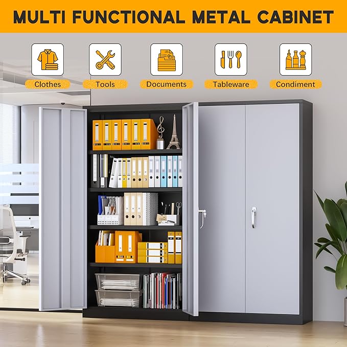 Greenvelly Metal Garage Storage Cabinet with 2 Doors and 4 Adjustable Shelves, 72”H Steel Lockable Storage Cabinet,Tall Metal Cabinet Locking File Cabinet for Office,Home, Garage, Gym, School