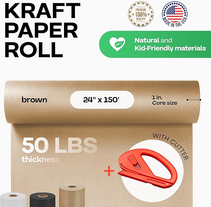 Brown Kraft Paper Roll 24" x 1800" (150 feet) with Cutter - USA-Made Quality Paper 50lb Thickness for Wrapping, Packing, Moving, Shipping, & Crafts/Arts - Natural Kraft Material by IDL Packaging