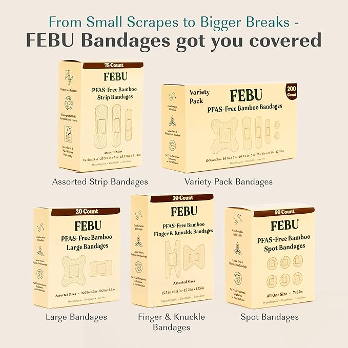 FEBU Eco-Friendly Bamboo Fabric Bandages | PFAS Free Flexible Fabric Bandages | Natural Hypoallergenic Bandage for Scrapes, Cuts & First Aid | Fully Compostable, Latex Free Bandage | 75 Count Strip