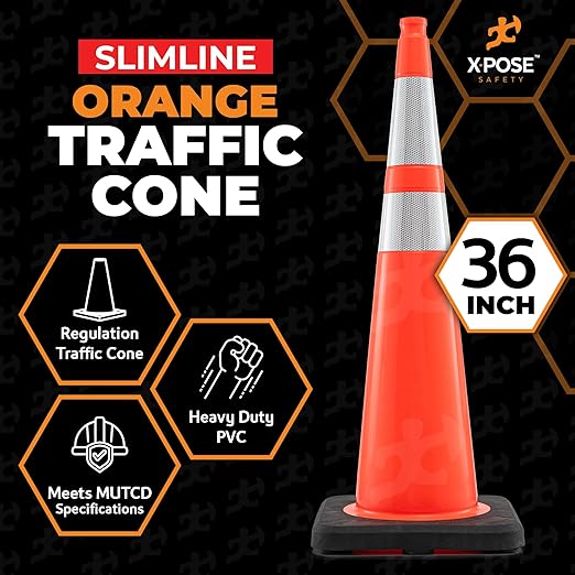 Xpose Safety 36 Inch Orange Slim Line Traffic Cones 6" & 4" Collar - Bulk Full Pallet 252 Pack - Multipurpose PVC Plastic Safety Cone for Parking, Soccer, Caution & Construction - DOT Approved