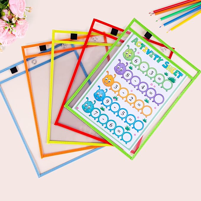 AKONEGE 50 Pack Oversized Dry Erase Pocket Sleeves - 10 x 13 Inch Ticket Holders Reusable Clear Plastic Sleeves Sheet Page Protectors for School Teacher Supplies & Classroom Organization, 5 Colors