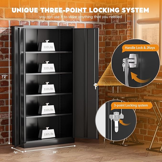 Greenvelly Steel SnapIt Storage Cabinet, 72" Locking Metal Garage Storage Cabinet with 4 Adjustable Shelves, 2 Doors and Lock for File, Office, Garage, Home (Black)