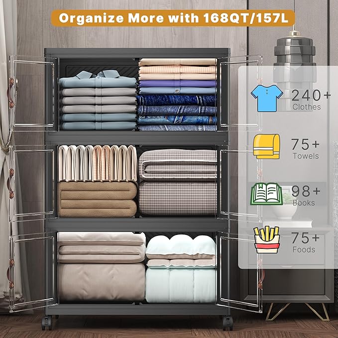 960Qt Stackable Storage Bins with Lids, 6 Pack Large Collapsible Bins with Wheels, Plastic Cabinet with Doors, Foldable Closet Organizers and Storage for Home, Dorm, Office, Black