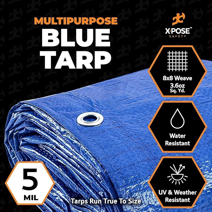 Better Blue Poly Tarp 8' x 15' - Bulk Half Pallet (336 Pack) Multipurpose Protective Cover - Lightweight, Durable, Waterproof, Weather Proof - 5 Mil Thick Polyethylene - by Xpose Safety