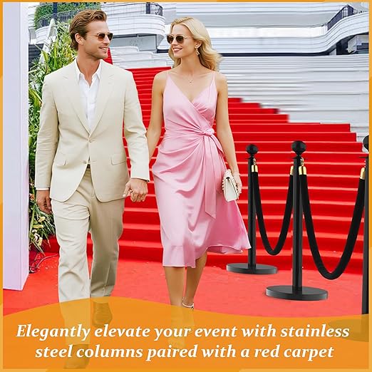 6Pcs Stainless Steel Stanchion Posts with 5ft Red Velvet Ropes - Crowd Control Barriers & Queue Line Kit with 26ft Red Carpet for Wedding, Party, Theater Supplies