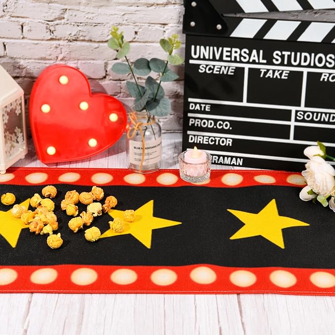 4 Pcs 13 x 72 Inch Movie Night Table Runner with Gold Star Design - Movie Night Black Carpet Decoration for Birthday Party Supplies （Black）