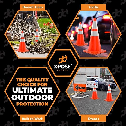 Xpose Safety 28 Inch Orange Traffic Cones with 6" & 4" Collars, 48-Pack - Multipurpose PVC Plastic Safety Cone for Parking, Soccer, Caution, Kids and Construction - DOT Approved