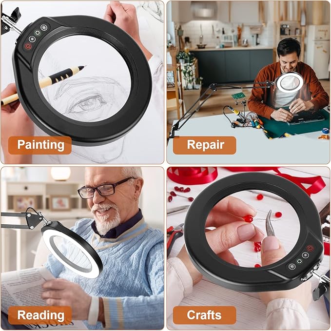 VEEMAGNI 5 Inch Large Magnifying Glass with Light and Stand, 5 Color Modes Stepless Dimmable, 2*16 Inch Swivel Arm LED Clamp Desk Lamp, Hands Free 12X Lighted Magnifier for Close Work Crafts Soldering