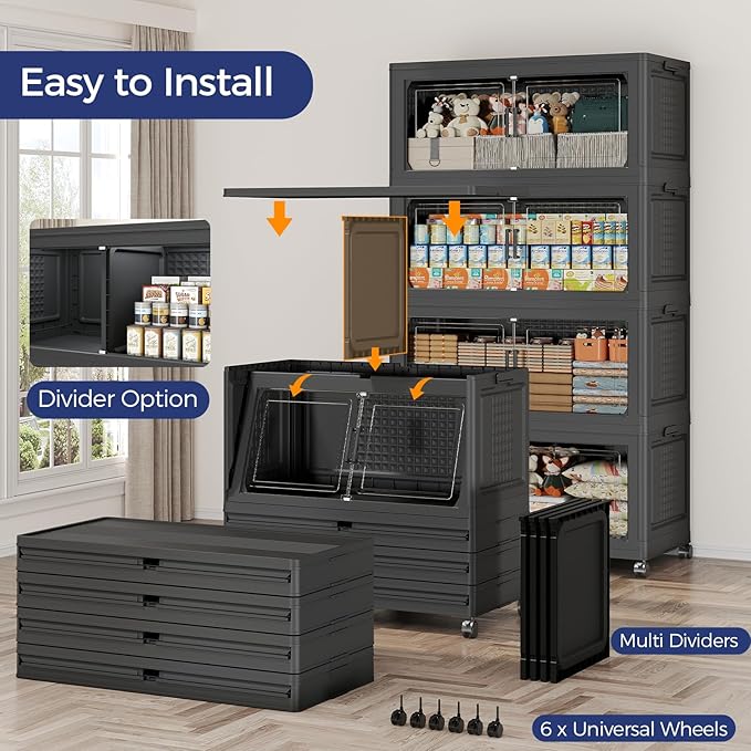 800 QT Extra Large Stackable Storage Bins with Lid, 200 Gal Collapsible Storage Box with Wheels, Folding Closet Organizers and Storage Cabinet with Doors for Home, Kitchen, Office, 5Pack Black