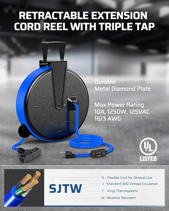 DEWENWILS 30FT Extension Cord Reel, 16/3 Gauge SJTW Power Cord, Retractable Cord Reel with 3 Outlets, Ceiling/Wall Mount for Garage, Workshop, 10A Circuit Breaker, Metal Plate, UL Listed, Blue