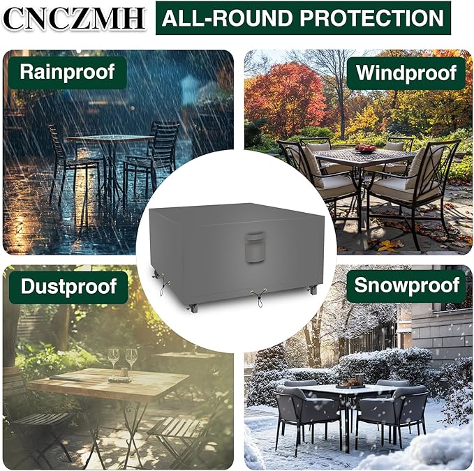 Square Heavy Duty Patio Table Covers Waterproof, 600D Outdoor Dining Table and Chair Set Covers, Outdoor Furniture Cover Waterproof for Sectional Sofa Couch 126''L x 126''W x 32''H, Grey