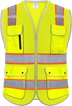 High Visibility Safety Vest - Reflective Breathable Mesh with 9 Pockets, Front Zipper for Men & Women - Meets ANSI/ISEA Standards
