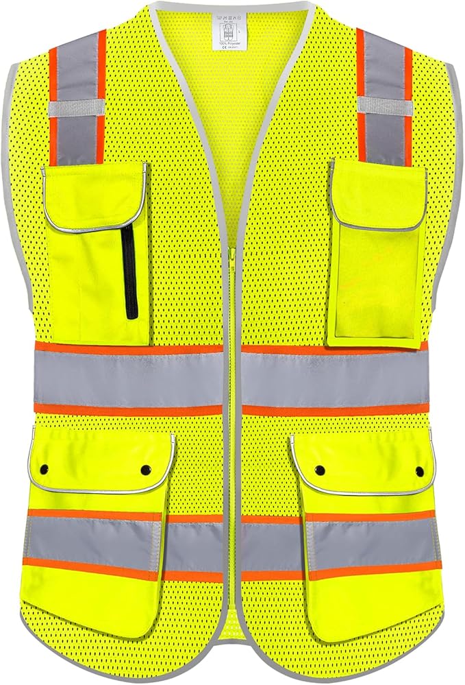 Reflective Safety Vest for Men Women with 8 Pockets and Zipper Front High Visibility Mesh Construction Vest