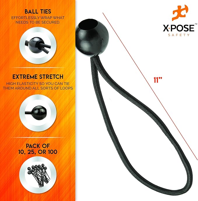 Xpose Safety Bungee Ball Cords 11" 10 Pack Heavy Duty Black Stretch Rope with Ball Ties for Canopies, Tarps, Walls, Cable Organization