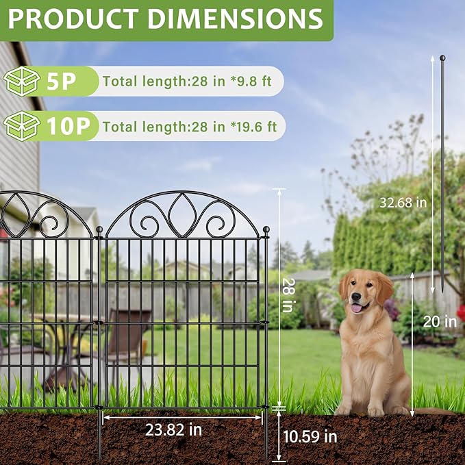 5 Panels No Dig Decorative Garden Fence Panel – 28" H X 9.8' L Rustproof Metal Dog Fence Outdoor for Yard, Animal Barrier Fence for Pet, Garden Border, Patio, Flower Beds| Temporary Fencing