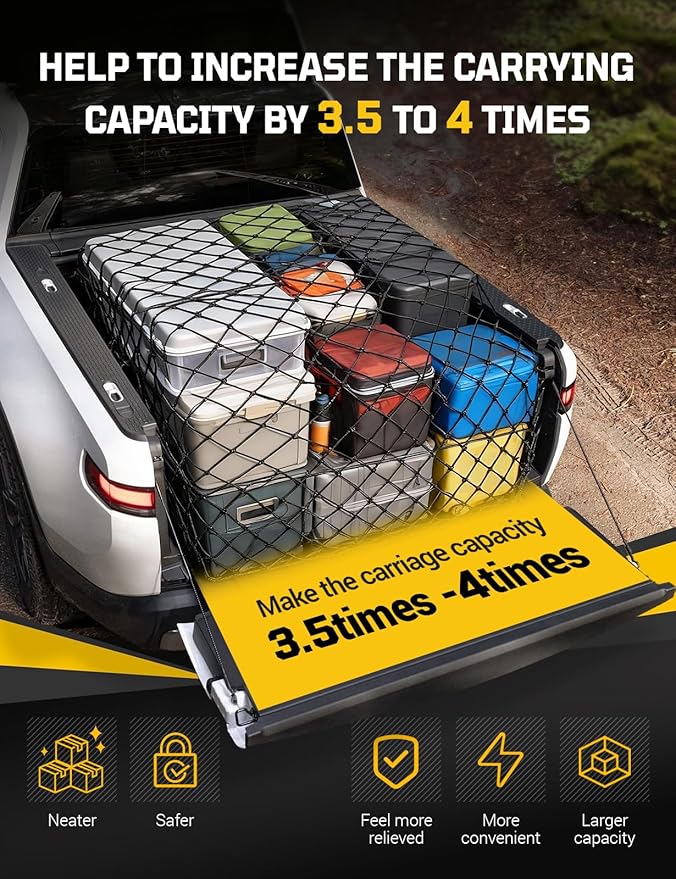 Cargo Net for Pickup Truck Bed - Stretchable 5' x 7' to 10' x 14' with 4" x 4" Mesh, Heavy Duty 10mm Cord Bungee Bed Netting with 12 Metal Carabiners - Ideal for ATV, SUV, UTV and Truck