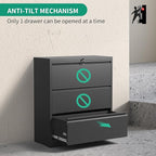3 Drawer Lateral File Cabinets with Lock,Black Metal Lateral Filing Cabinet for Home Office,Wide Steel Storage Cabinet Commercial Drawer Cabinets for Legal/Letter/A4 Size Files Assembly Required