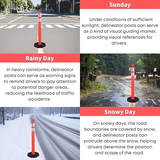 Reflective Rubber Base Traffic Delineator Post - Heavy-Duty Safety Bollards for Parking Lot Markers, Road Construction, Driveway Warning - with Reflective Strips (6 Pack - 42 Inch)