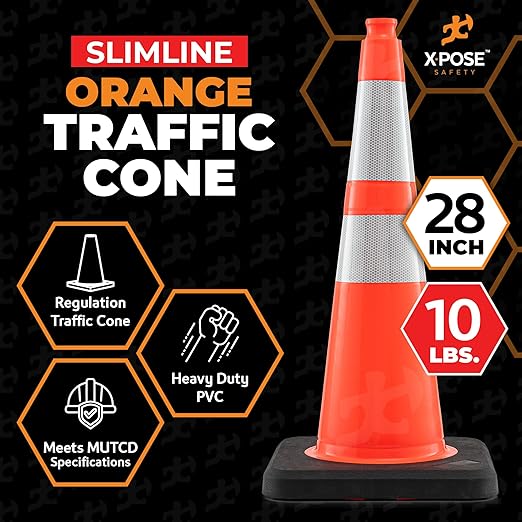Xpose Safety 28 Inch Orange Slim Line Traffic Cones Heavy Duty 10lb with 6" & 4" Collars, 48 Pack Multipurpose PVC Plastic Safety Cone for Parking, Soccer, Caution, Kids & Construction - DOT Approved