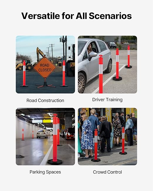 VEVOR 3 Pack Traffic Delineator Posts, 48 inches Traffic Safety Cones with Weighted Base and Reflective Strips, Heavy Duty Delineator Posts for Construction Site, Parking Lot, Crowd Control, Red
