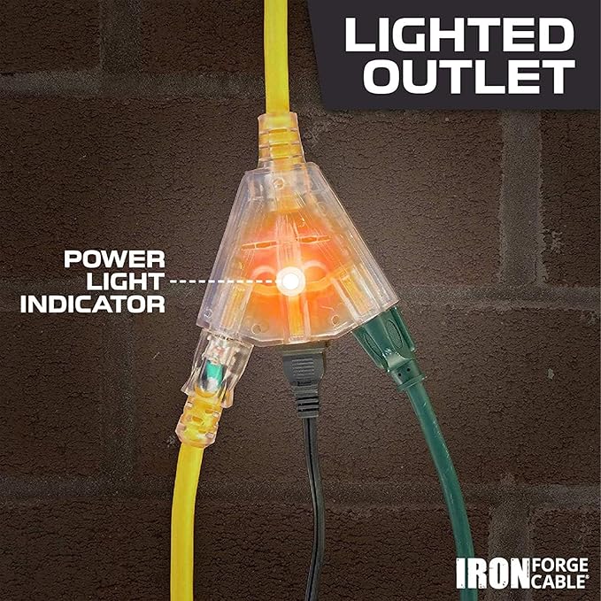 Iron Forge Cable 2 Pack 50 Foot Lighted Outdoor Extension Cord with 3 Outlets - 12/3 SJTW Heavy Duty Yellow Extension Cable 3 Prong - Multiple Outlets