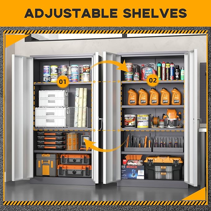 Greenvelly Metal Garage Storage Cabinet with 2 Doors and 4 Adjustable Shelves, 72”H Steel Lockable Storage Cabinet,Tall Metal Cabinet Locking File Cabinet for Office,Home, Garage, Gym, School