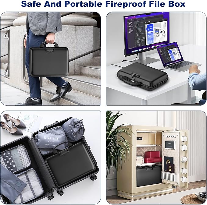 Fireproof Document Box, Hard Case Fireproof File Organizer Box with Lock and 13 Pocket Accordion File Folder, Portable Safe Box for Home Office Travel to Storage Important Documents Laptop Blue