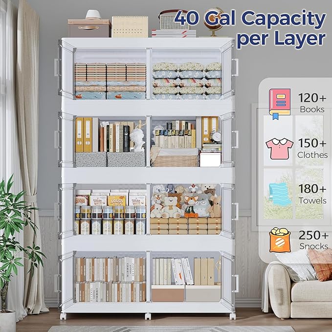 480 QT Extra Large Stackable Storage Bins with Lid, 120 Gal Collapsible Storage Box with Wheels, Folding Closet Organizers and Storage Cabinet with Doors for Home, Kitchen, Office, 3Pack White