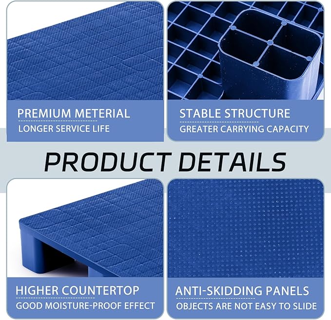 1 Pcs Plastic Pallet for Basement Storage Easy Stack Lightweight Floor Pallet Display Flooring Room Supermarket Christmas, Support up to 2000 Lbs (31.5'' L X 24'' W X 4.7'' H,Blue)