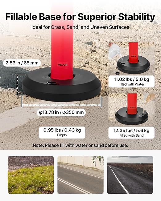 VEVOR 9 Pack Traffic Delineator Posts, 48 inches Traffic Safety Cones with Fillable Base and Reflective Strips, Heavy Duty Delineator Posts for Construction Site, Parking Lot, Crowd Control, Red