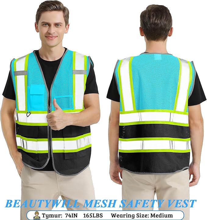 10 Pack Custom Safety Vest Customized Logo Mesh Vest Class 2 High Visibility Reflective Vest with Pockets Workwear（LightBlue Black，XL ）