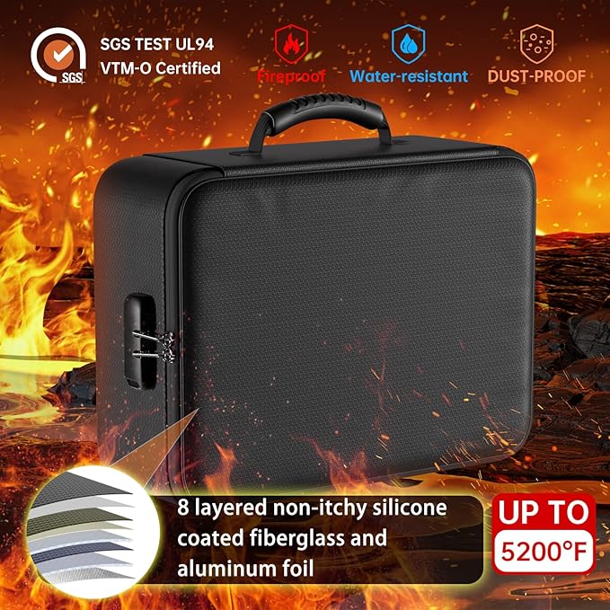 DocSafe 5200°F Document Organizer with Lock,Upgraded Heat Insulated Fireproof＆Waterproof Box 8 Layers File Organizer,Portable Home Travel Safe Storage for Important Documents, Files and More