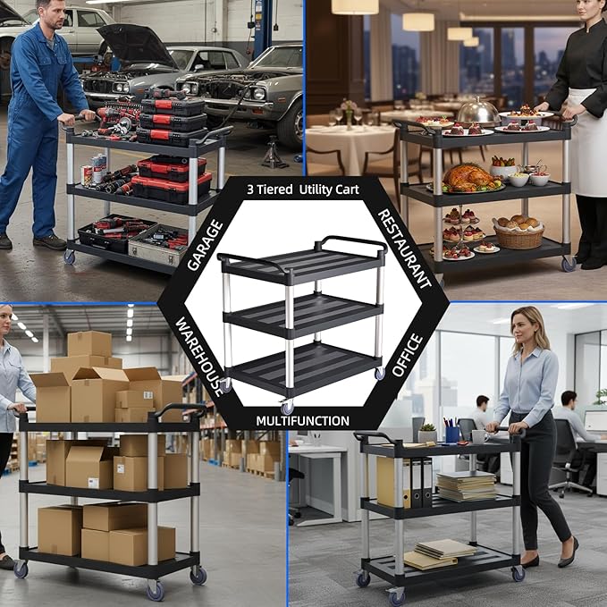 Utility Cart with Wheels, 3 Tier Rolling Cart with Tangle-Free Wheels(2 with Brakes), Heavy Duty 450 Lbs Capacity,Commercial Serving Cart for Home, Office, Restaurant, Warehouse.40×19.7"×38"