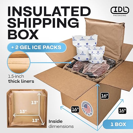Insulated Thermal Shipping Box 16"x16"x16" with 2 Gel Ice Packs, Pack of 1 - USA-Made Cold Food Shipping Box with Absorb Condensation Thermal-Paper Liner - Frozen Food Shipping Kit by IDL Packaging