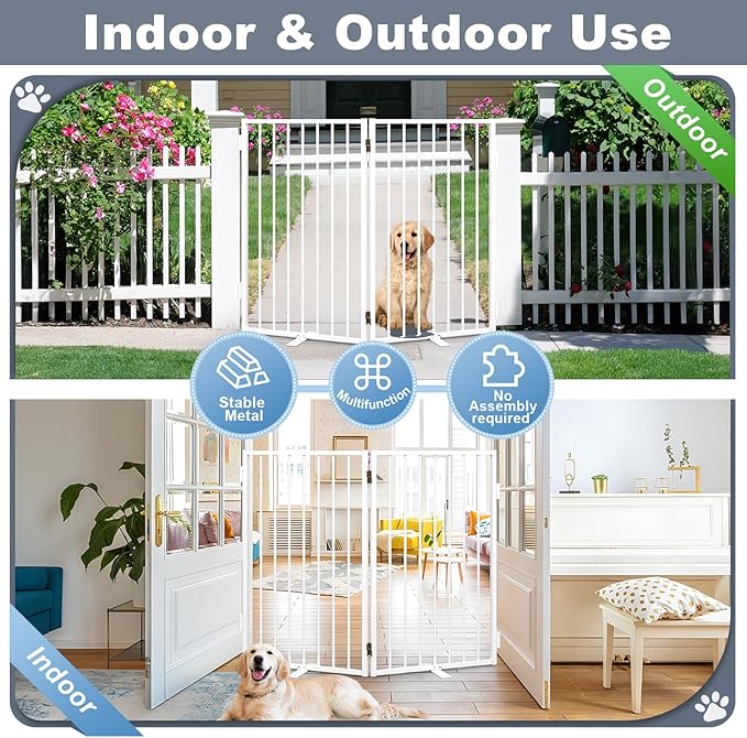 Metal Freestanding Dog Gates with Door for Outdoor Indoor,40'' Extra Wide 36'' Tall Free Standing Dog Gate for Doorways,Large Openings,Deck,Yard,Porch,Foldable Safety Pet Fence(White,2 Panels)