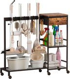 Heavy Duty Metal Cleaning Cart with Wheels,Broom Holder with Cleaning Supplies Organizer,Broom Storage Cart with Mop Hanger Gripper Rack Hooks for Home, Commercial (Rustic Brown, 37.6" L)