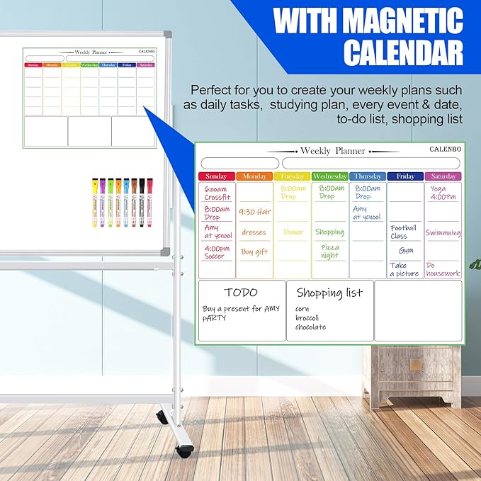 Double-Sided Rolling Whiteboards on Wheels 72 X 48, Large Dry Erase Board with Stands, Magnetic Mobile White Board Standing White Boards with Eraser & Marker & Magnet & Magnetic Calendar