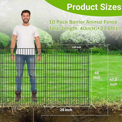 10 Panels No Dig Decorative Outdoor Garden Fence for Yard, 40 in(H) X 23.6 ft(L) Animal Barrier Fencing Rustproof Metal Wire Panel Border for Dog, Rabbits, and Patio Temporary Ground Stakes