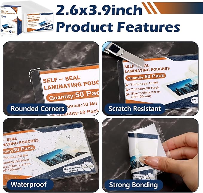 50 Pack 10 Mil 2.6"x3.9" Self Sealing Laminating Pouches Plastic Laminating Sheets Business Card Size Clear Lamination Paper for Office School Home Supplies Glossy Finish(No Laminator Need)