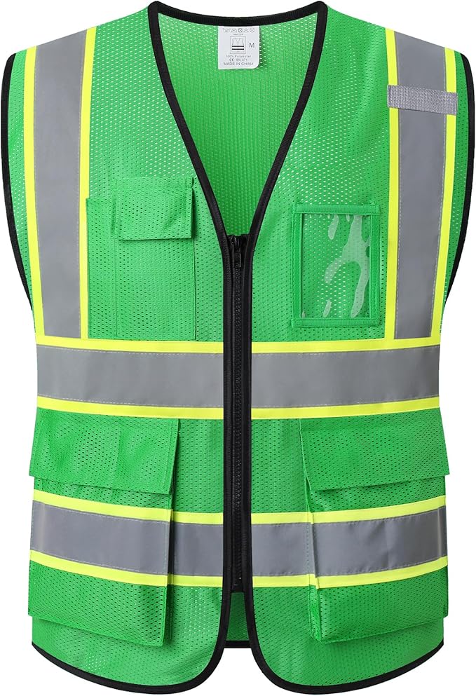 Reflective Mesh Safety Vest for Men Women with 5 Pockets and Zipper Front High Visibility Mesh Vest Hi Vis Construction Work Vest,Meets ANSI/ISEA Standards(EK175-Green-XL)