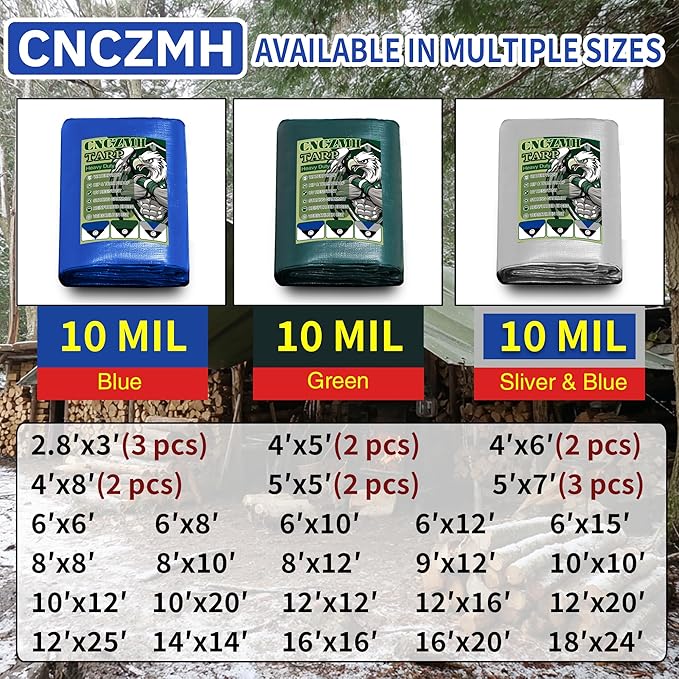 Heavy Duty Tarp Waterproof 12x12 Feet, 10 Mil Thick Silver Blue Poly Tarps Outdoor, Metal Grommets, Reinforced Edges, Multipurpose Tarpaulin Cover for Camping, Boat, Swimming Pools
