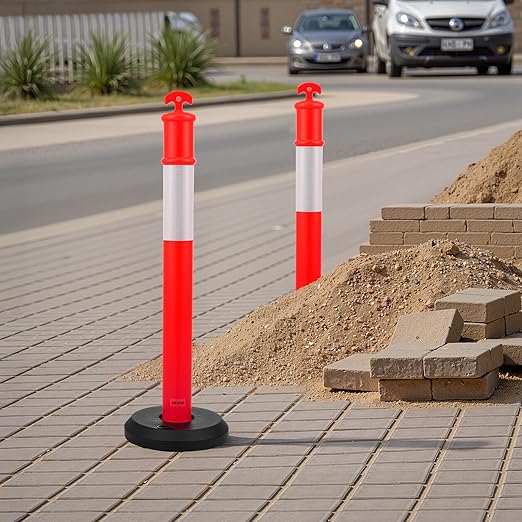 VEVOR 3 Pack Traffic Delineator Posts, 48 inches Traffic Safety Cones with Fillable Base and Reflective Strips, Heavy Duty Delineator Posts for Construction Site, Parking Lot, Crowd Control, Red