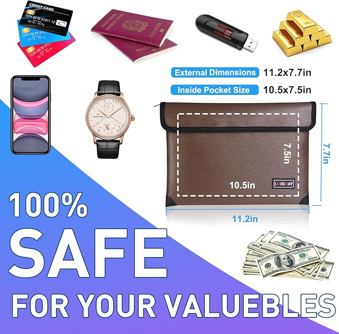 Fireproof Document Bag - with 4200°F Heat Insulated, Waterproof Fireproof Bag with Zipper, 8 Layers of Functional Materials, Fireproof Money Bag for Cash/Documents/Valuables, Fire Bag 11"x7.7" …