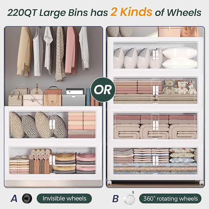 275Gal Stackable Storage Bins with Lid and Wheels, 1100QT Plastic Collapsible Storage Boxes with Doors, Closet Organizer and Storage Cabinet for Home Kitchen Office Dorm Room, 5Pack White