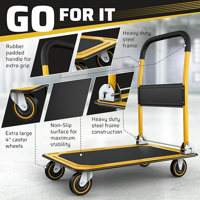 Heavy Duty Foldable Push Cart Dolly | 330 lbs. Capacity | Upgraded Collapsible Hand Truck Folding Platform with Swivel Wheels | Flat Bed Moving Wagon | Space Saving Push Handle (Yellow)