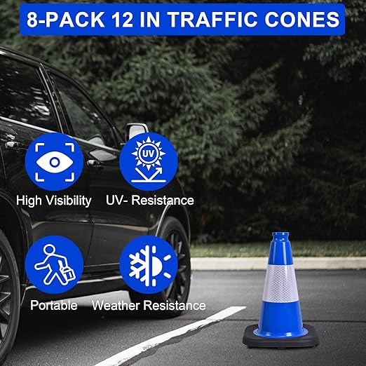 OrangeStar 12" Blue Traffic Cones 8-Pack Reflective Safety Cones with Heavy Duty Base for Sports Training, Parking Lots, Construction, Indoor & Outdoor Use