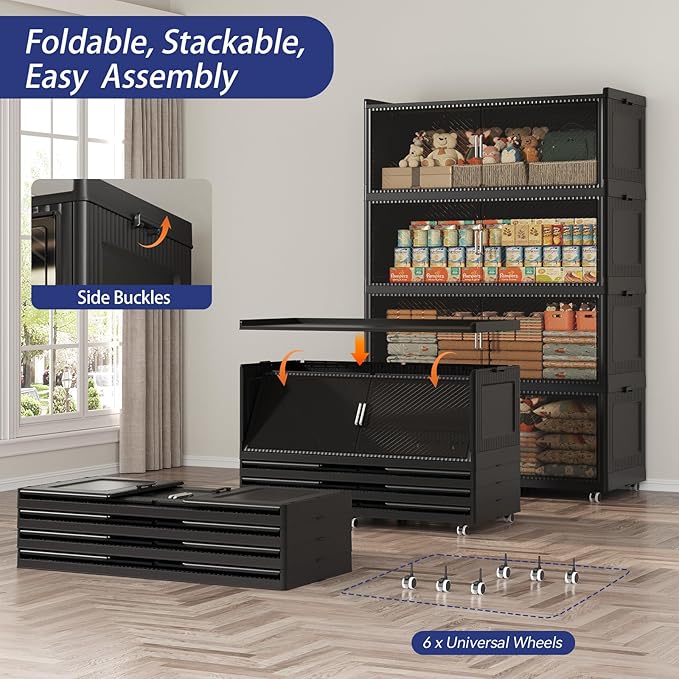 320Gal Extra Large Stackable Storage Bins with Lid, 1280Qt Collapsible Storage Box with Wheels, Closet Organizers and Storage Cabinet Container for Home, Kitchen, Office, Bedroom, 4Pack Black