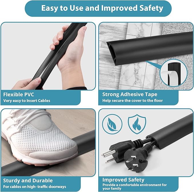 Floor Cable Cover 3ft Grey, LZEOY Cord Covers for Wires on Floor, Cord Hider Floor Cable Management, Extension Cord Floor Cover Low Profile, Floor Cord Cover for Office/Carpet/Floor