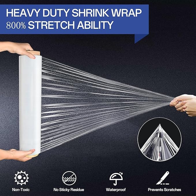 Stretch Film 18 Inch x 1500FT, Shrink Wrap Roll 80 Gauge, 800% Industrial Plastic Wrap for Moving, Heavy Duty Pallet Wrap for Packing, Shipping, Furniture & Luggage (4 Roll Clear)