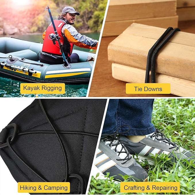 Strong and Durable Bungee Cord Roll - 3/16" x 100ft Elastic Cord, Kayak Stretch String Rope, Bungee Shock Cords for Repairing Tent Poles, DIY, Tie Downs, Black